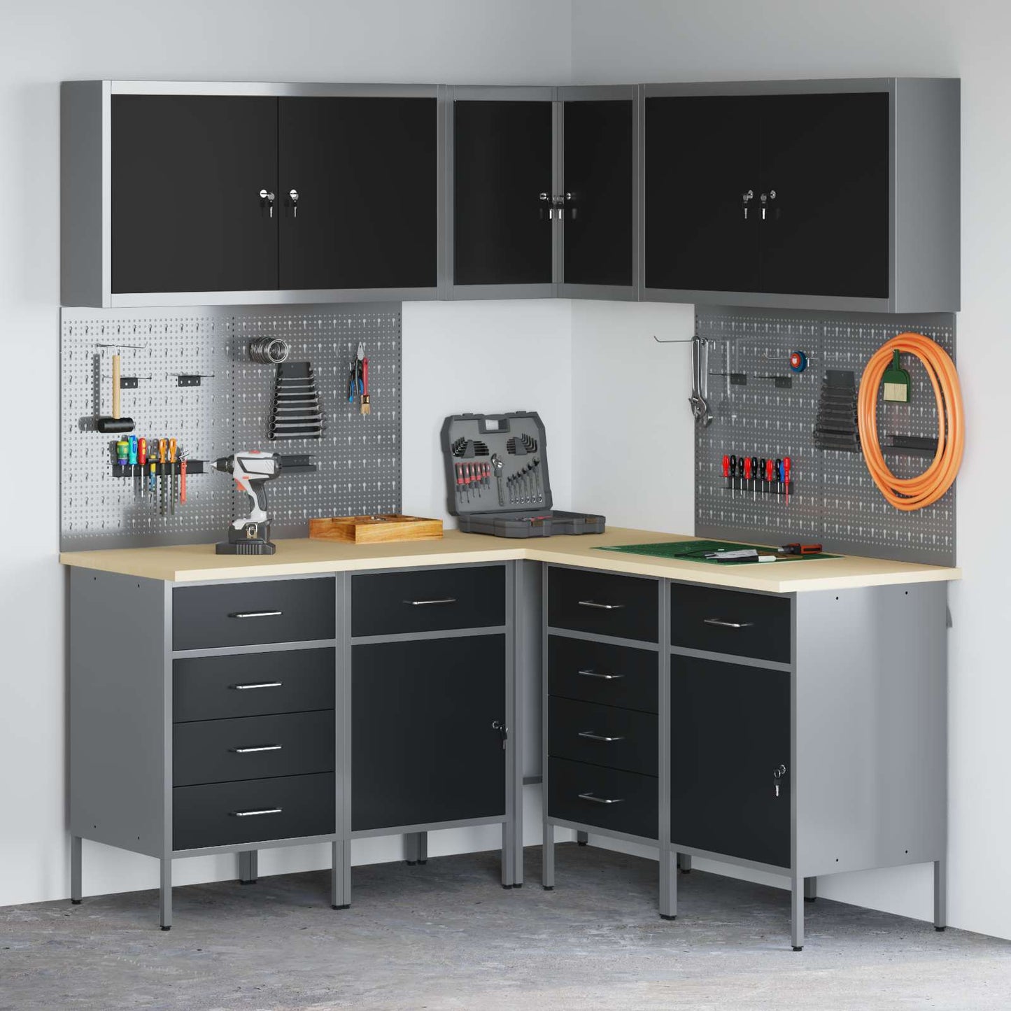Werkkast set met lade met plank met slot 12 pcs Zwart en Grijs