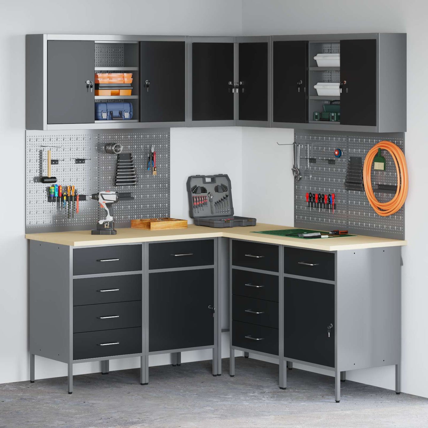 Werkkast set met lade met plank met slot 12 pcs Zwart en Grijs