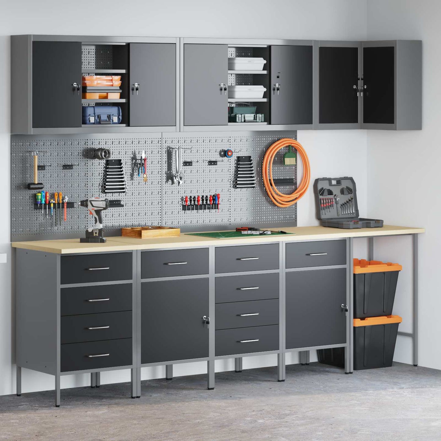Werkkast set met lade met plank met slot 12 pcs Zwart en Grijs