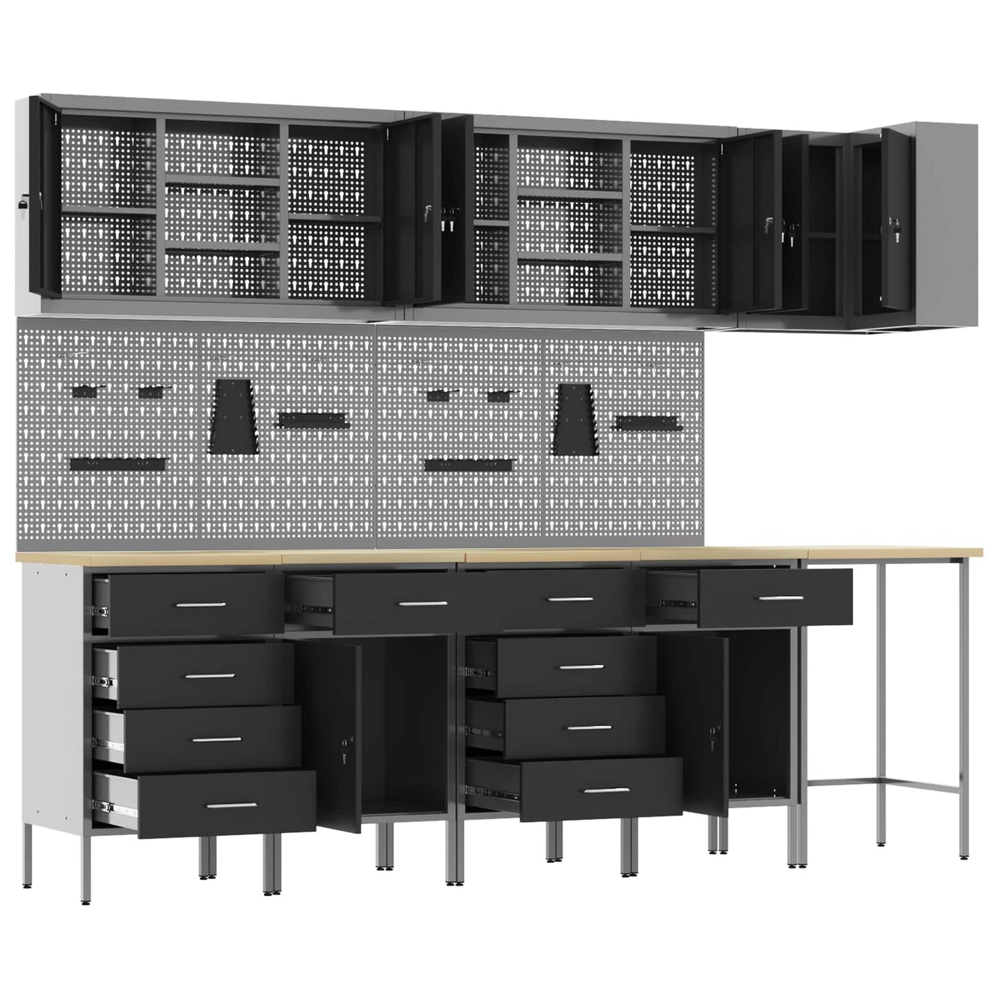 Werkkast set met lade met plank met slot 12 pcs Zwart en Grijs