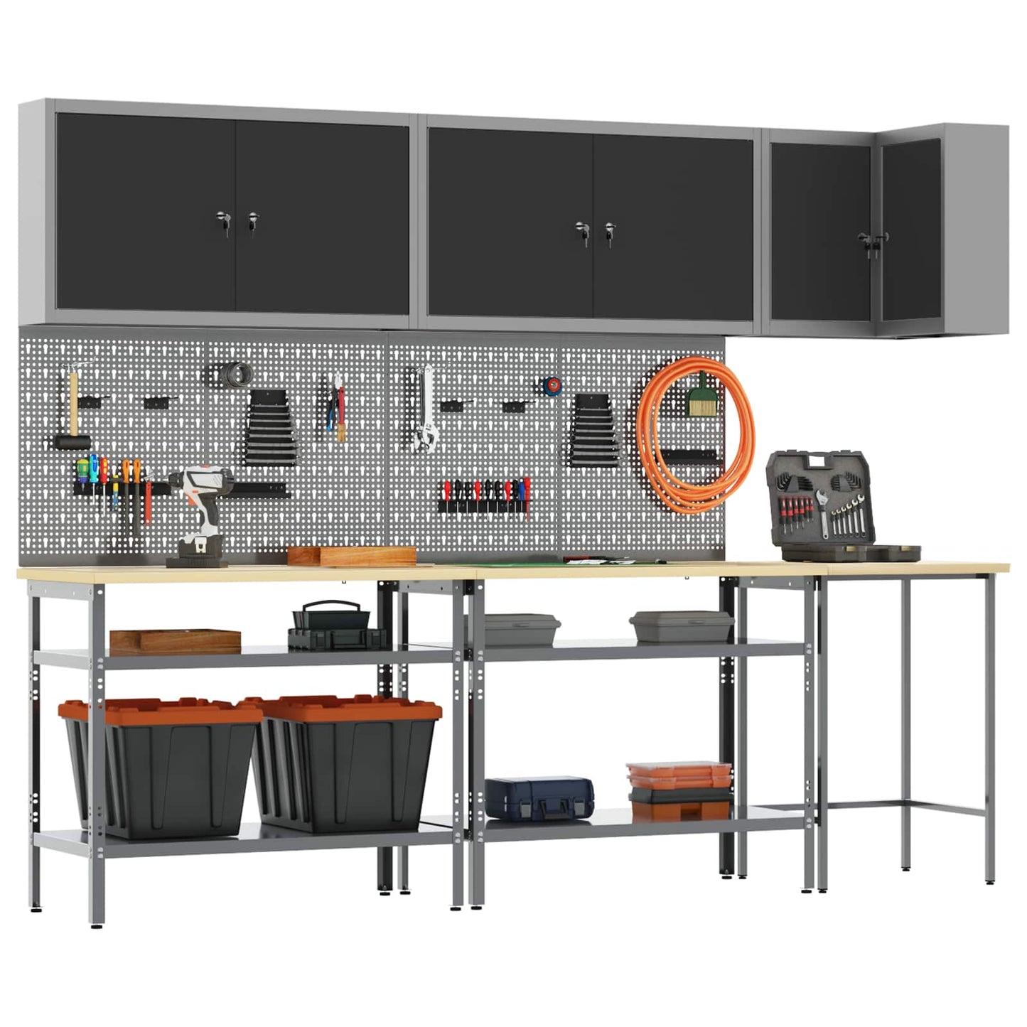 Werkkast set met plank met opslag 10 pcs Zwart en Grijs