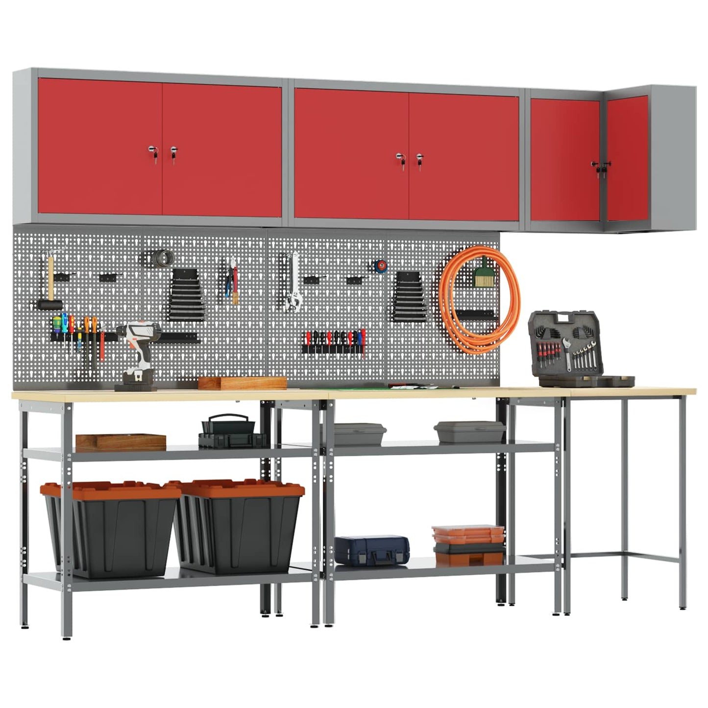 Werkkast set met plank met opslag met slot 10 pcs Rood en Grijs