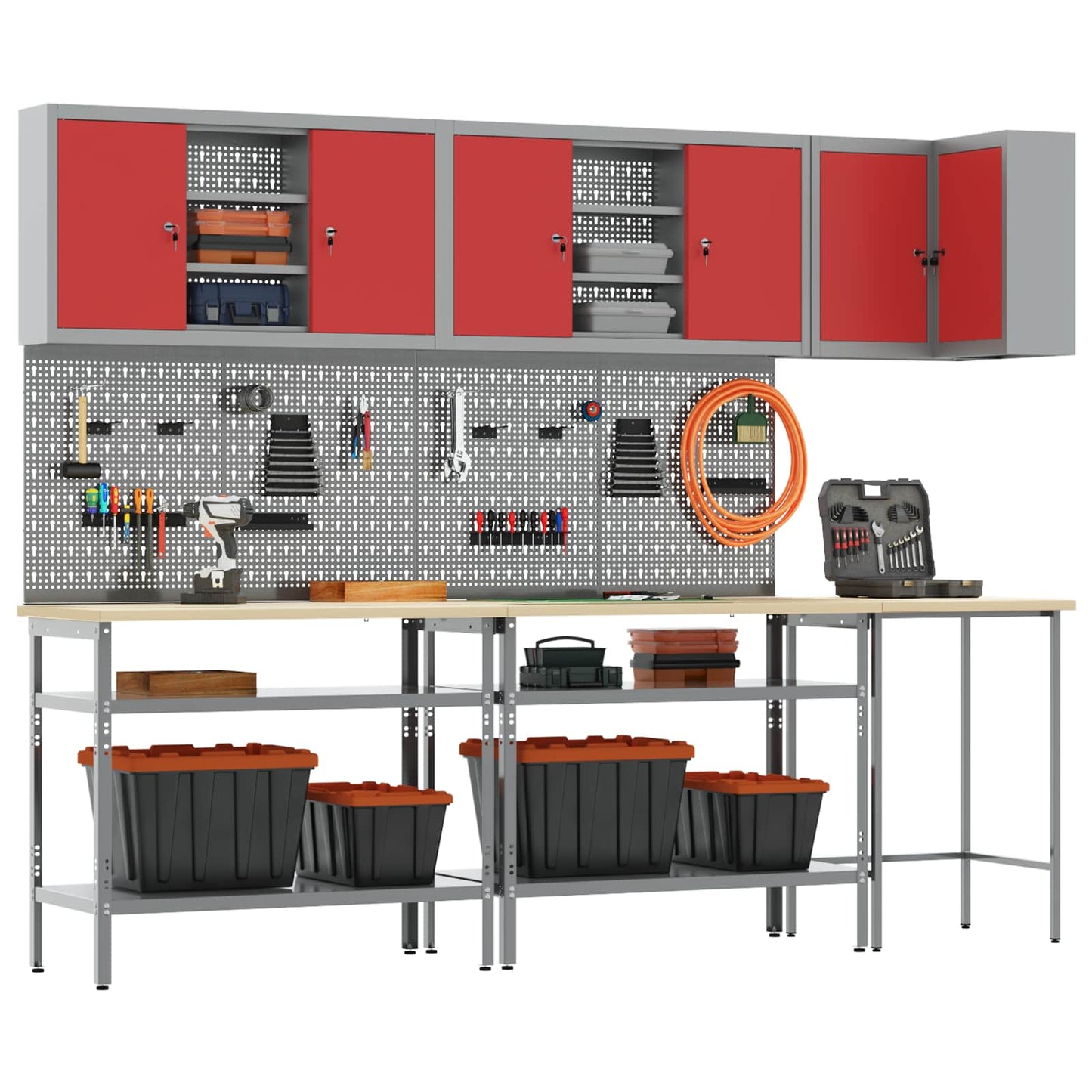 Werkkast set met plank met opslag met slot 10 pcs Rood en Grijs