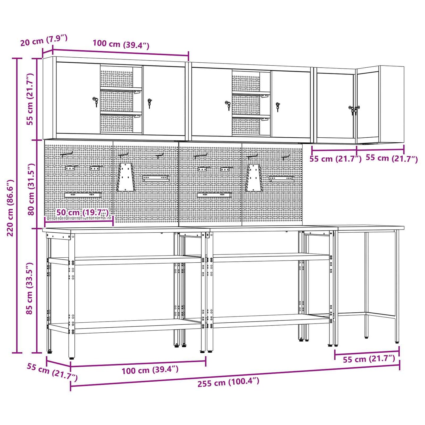 Werkkast set met plank met opslag met slot 10 pcs Rood en Grijs