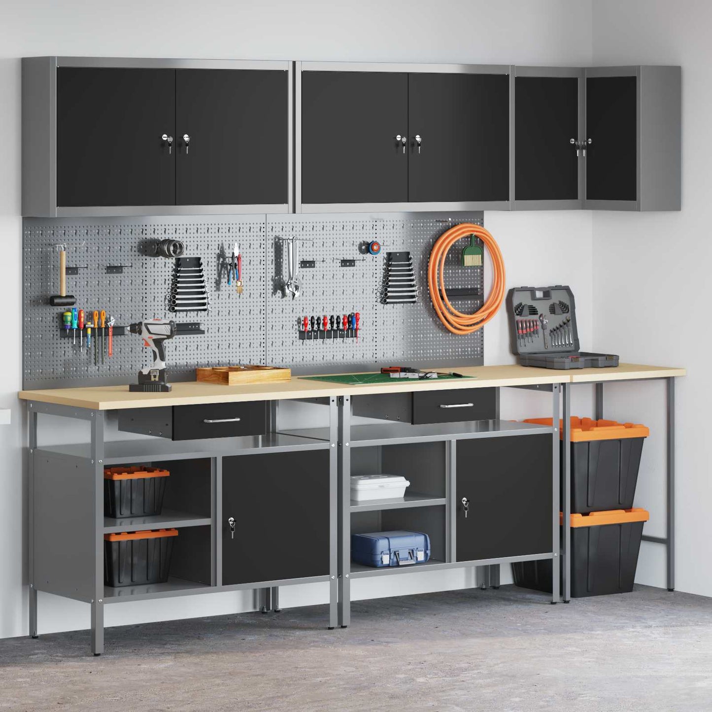 Werkkast set met lade met plank met slot 10 pcs Zwart en Grijs