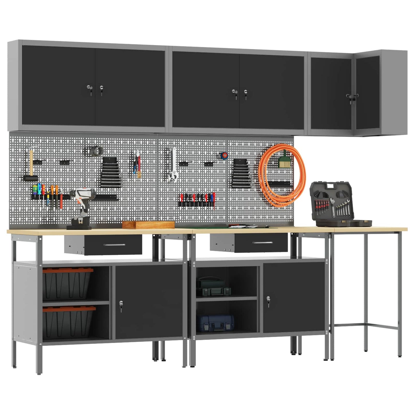 Werkkast set met lade met plank met slot 10 pcs Zwart en Grijs