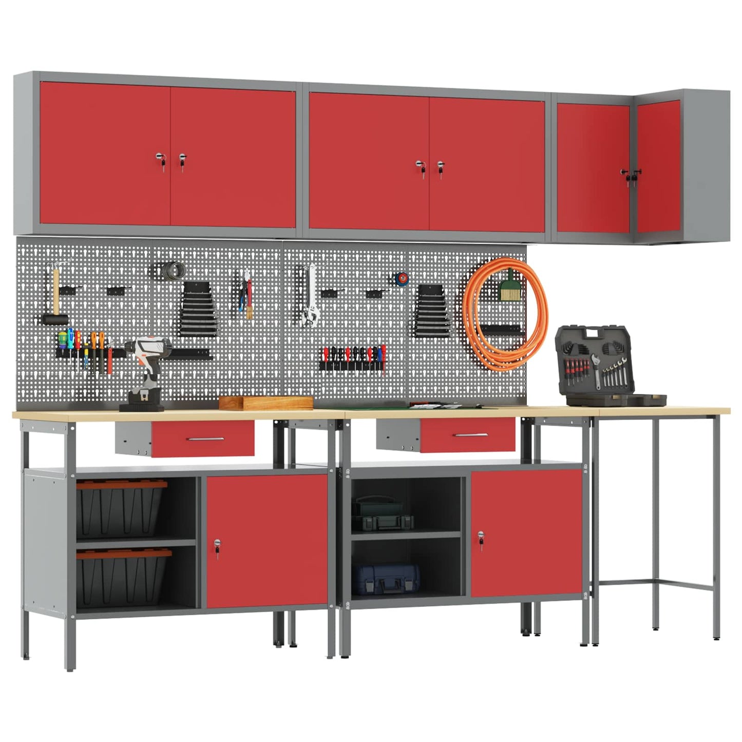 Werkkast set met lade met plank met opslag 10 pcs Rood en Grijs