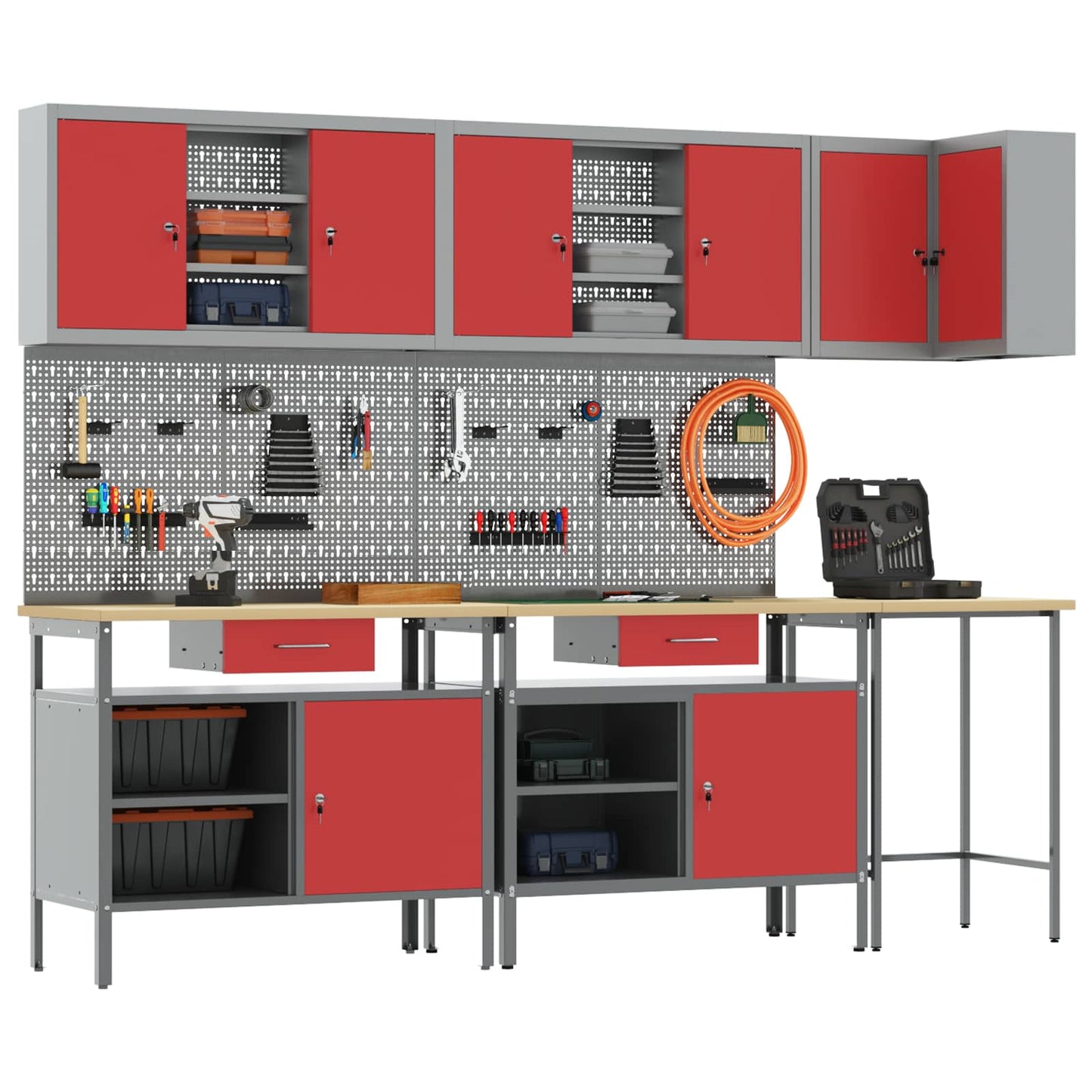 Werkkast set met lade met plank met opslag 10 pcs Rood en Grijs