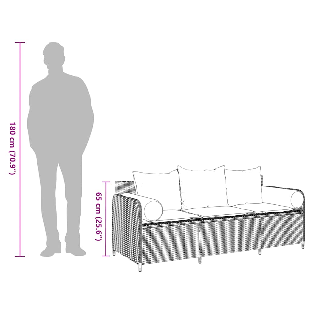 Tuinbank 3-zits met kussens poly rattan zwart is nu te koop bij PeponiXL, paradijselijk wonen!