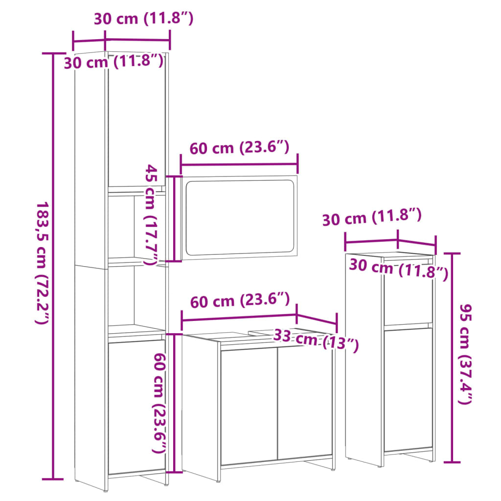 4-delige Badkamermeubelset bewerkt hout sonoma eikenkleurig is nu te koop bij PeponiXL, paradijselijk wonen!