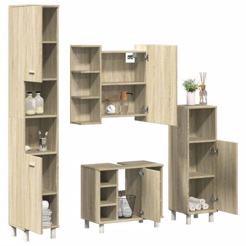 4-delige Badkamermeubelset bewerkt hout sonoma eikenkleurig is nu te koop bij PeponiXL, paradijselijk wonen!