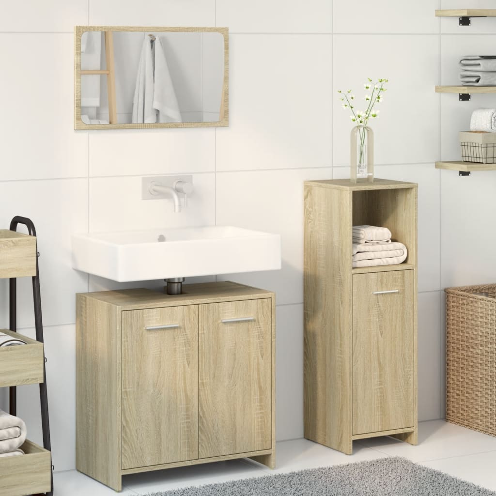 3-delige Badkamermeubelset bewerkt hout sonoma eikenkleurig is nu te koop bij PeponiXL, paradijselijk wonen!