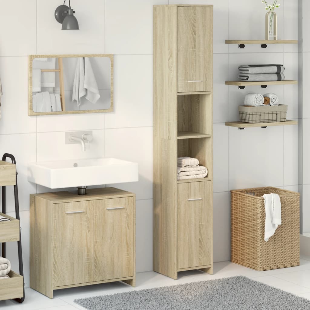 3-delige Badkamermeubelset bewerkt hout sonoma eikenkleurig is nu te koop bij PeponiXL, paradijselijk wonen!