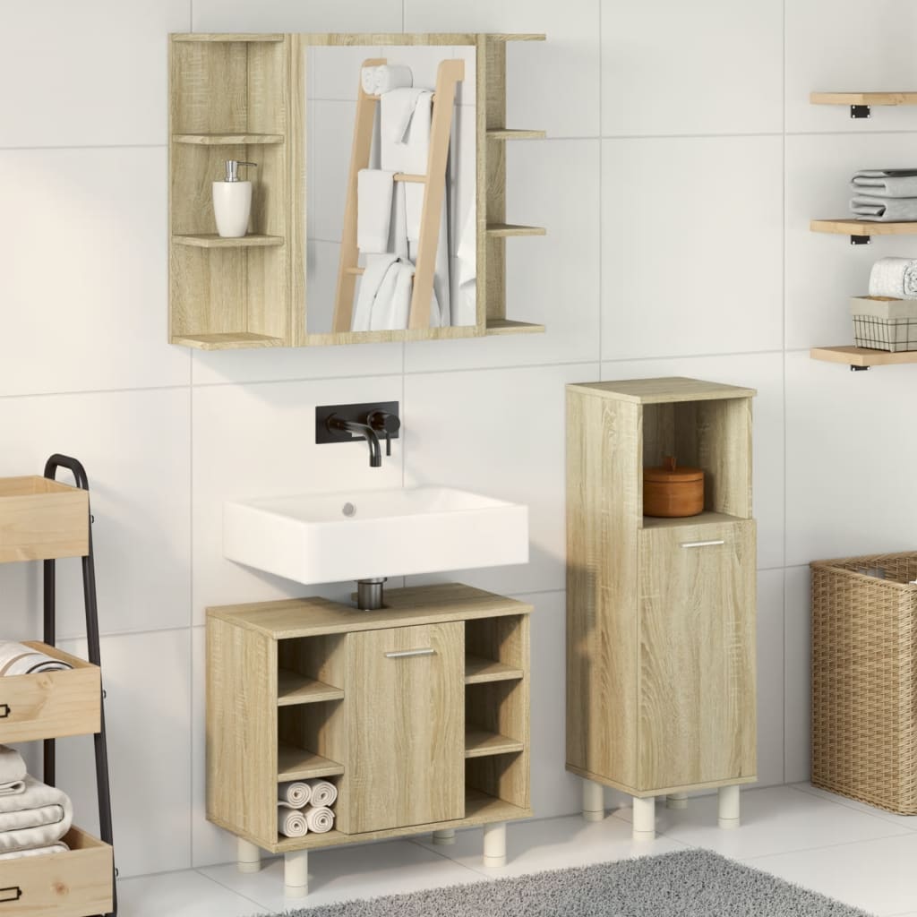 3-delige Badkamermeubelset bewerkt hout sonoma eikenkleurig is nu te koop bij PeponiXL, paradijselijk wonen!