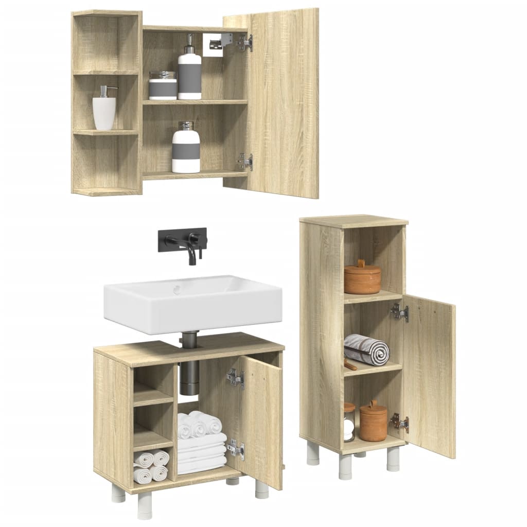 3-delige Badkamermeubelset bewerkt hout sonoma eikenkleurig is nu te koop bij PeponiXL, paradijselijk wonen!