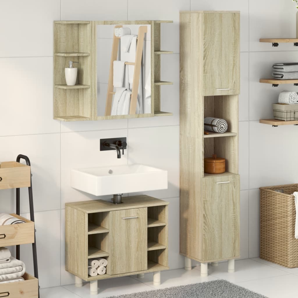 3-delige Badkamermeubelset bewerkt hout sonoma eikenkleurig is nu te koop bij PeponiXL, paradijselijk wonen!
