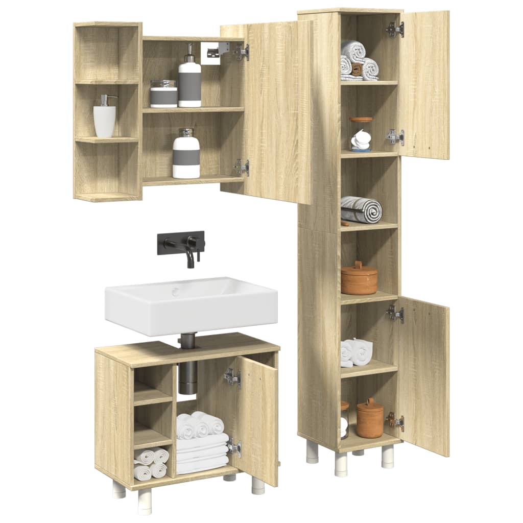 3-delige Badkamermeubelset bewerkt hout sonoma eikenkleurig is nu te koop bij PeponiXL, paradijselijk wonen!