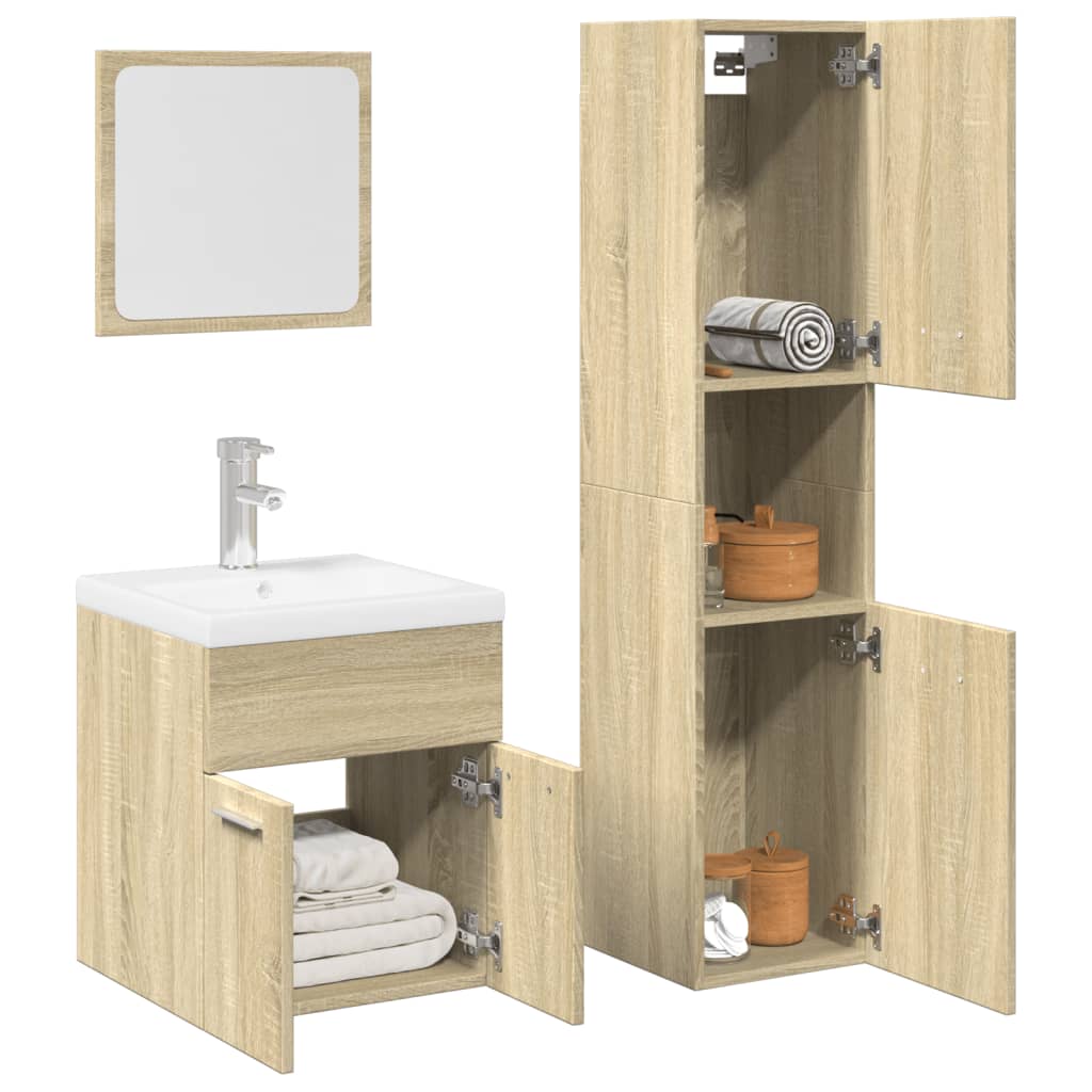 3-delige Badkamermeubelset bewerkt hout sonoma eikenkleurig is nu te koop bij PeponiXL, paradijselijk wonen!