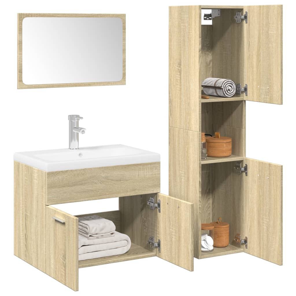 3-delige Badkamermeubelset bewerkt hout sonoma eikenkleurig is nu te koop bij PeponiXL, paradijselijk wonen!