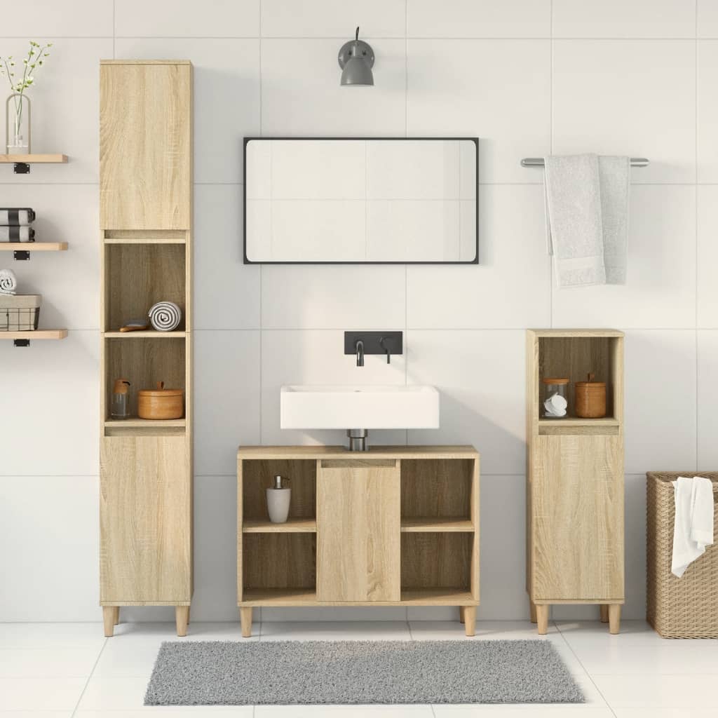 3-delige Badkamermeubelset bewerkt hout sonoma eikenkleurig is nu te koop bij PeponiXL, paradijselijk wonen!