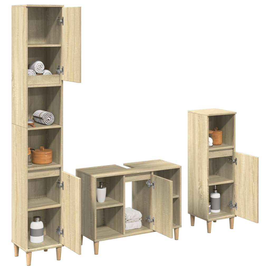 3-delige Badkamermeubelset bewerkt hout sonoma eikenkleurig is nu te koop bij PeponiXL, paradijselijk wonen!