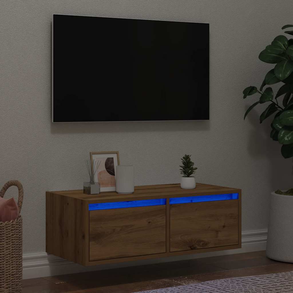 Tv-meubel met LED-verlichting 75x35,5x25 cm artisanaal eiken is nu te koop bij PeponiXL, paradijselijk wonen!