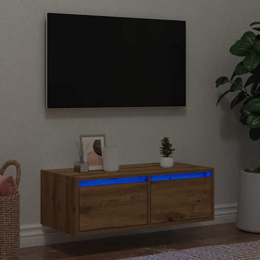 Tv-meubel met LED-verlichting 75x35,5x25 cm artisanaal eiken is nu te koop bij PeponiXL, paradijselijk wonen!