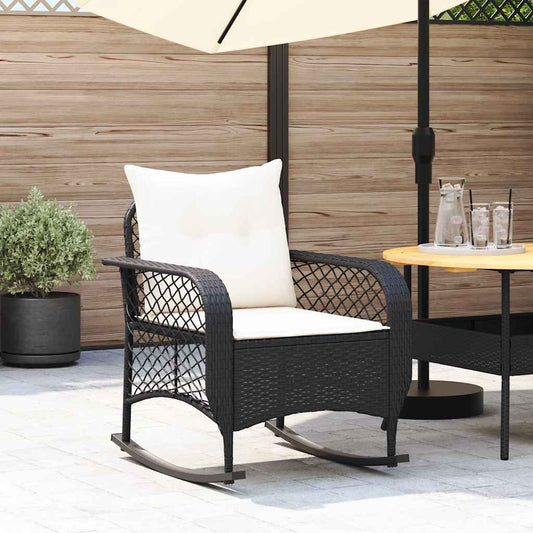 Tuinschommelstoel met kussens poly rattan zwart is nu te koop bij PeponiXL, paradijselijk wonen!