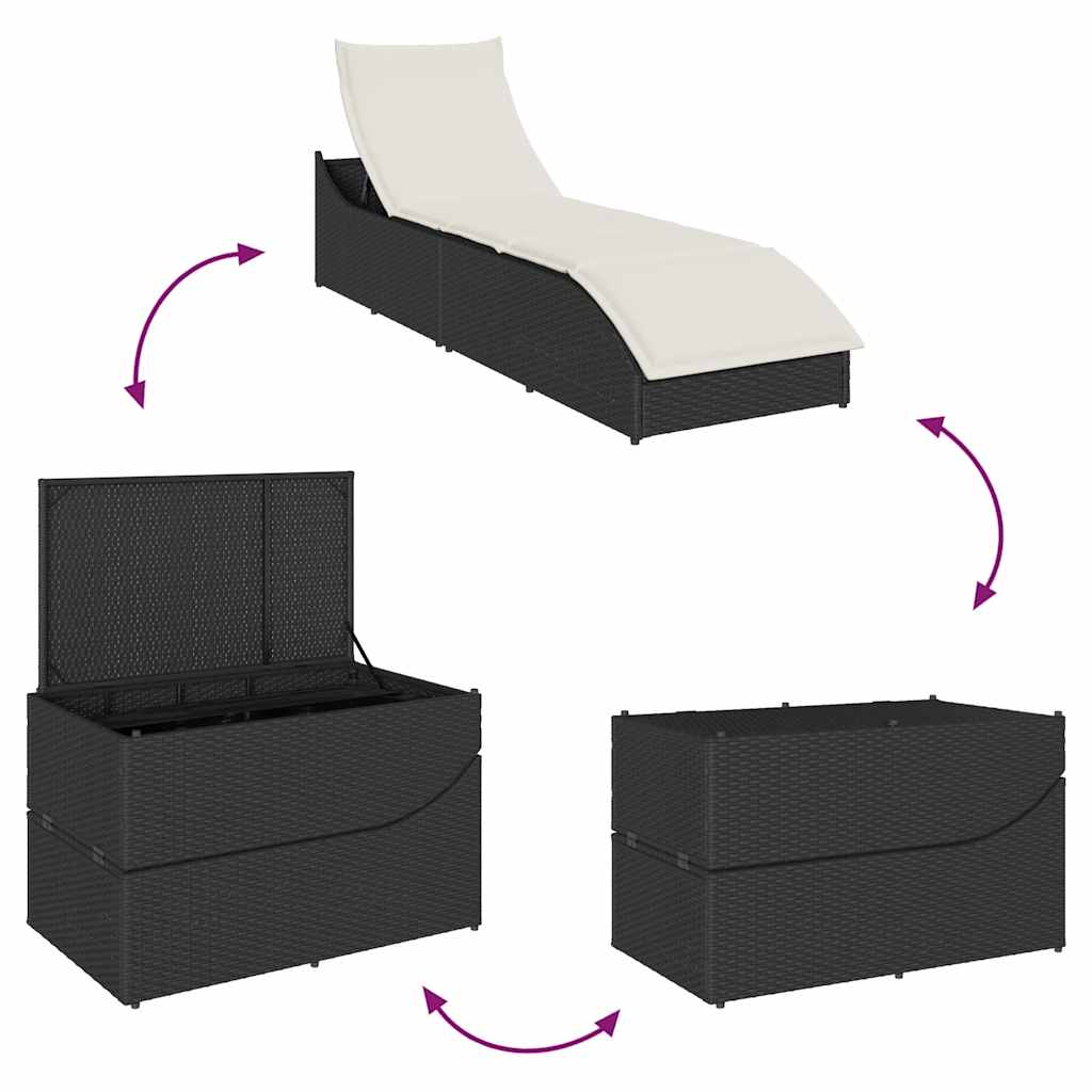 Ligstoel inklapbaar met kussen opbergruimte poly rattan zwart is nu te koop bij PeponiXL, paradijselijk wonen!