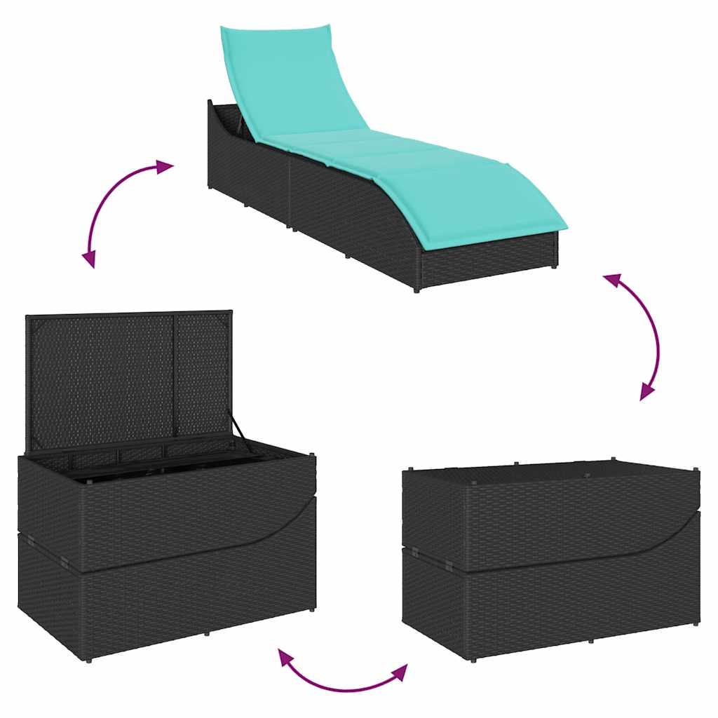 Ligstoel inklapbaar met kussen opbergruimte poly rattan zwart is nu te koop bij PeponiXL, paradijselijk wonen!