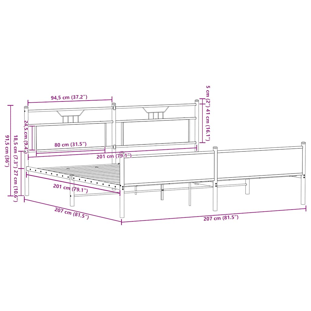 Bedframe zonder matras metaal bruin eikenkleurig 200x200 cm is nu te koop bij PeponiXL, paradijselijk wonen!