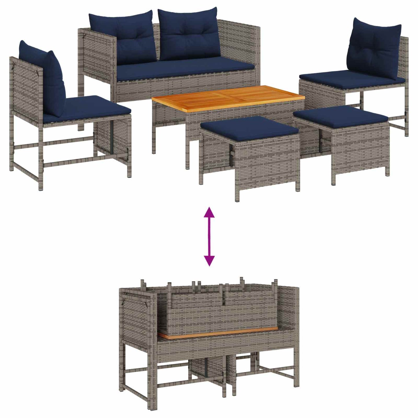 Tuinbankenset met kussen 6 pcs Grijs en Marineblauw poly rattan is nu te koop bij PeponiXL, paradijselijk wonen!