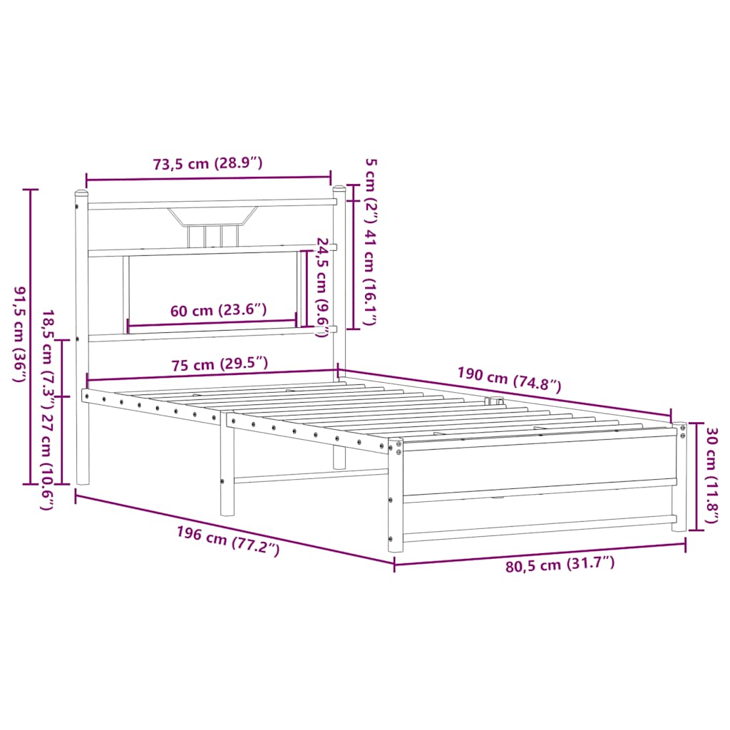 Bedframe zonder matras hout gerookt eikenkleurig 75x190 cm is nu te koop bij PeponiXL, paradijselijk wonen!
