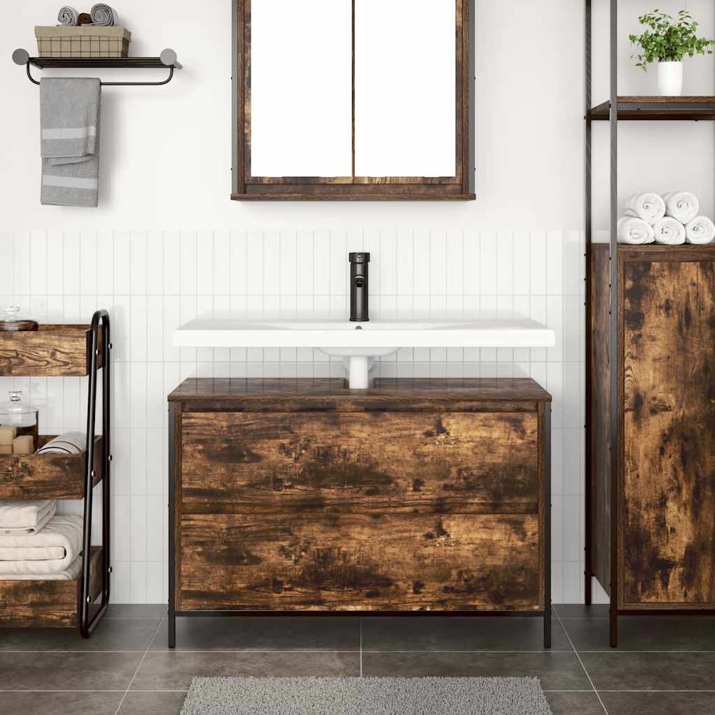 Badkamerkast met lades 90x34,5x60 cm gerookt eikenkleurig is nu te koop bij PeponiXL, paradijselijk wonen!