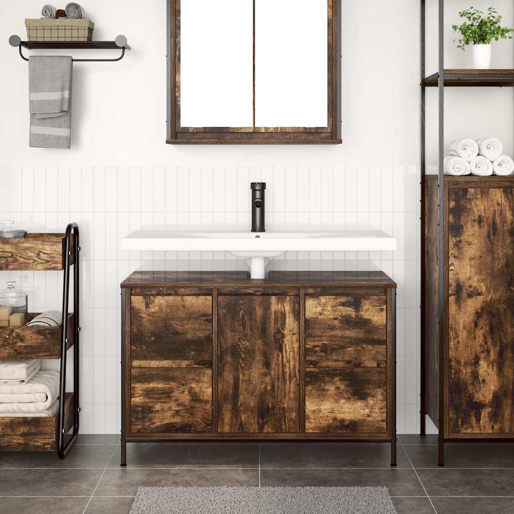 Wastafelkast met lades 90x34,5x60 cm gerookt eikenkleurig is nu te koop bij PeponiXL, paradijselijk wonen!