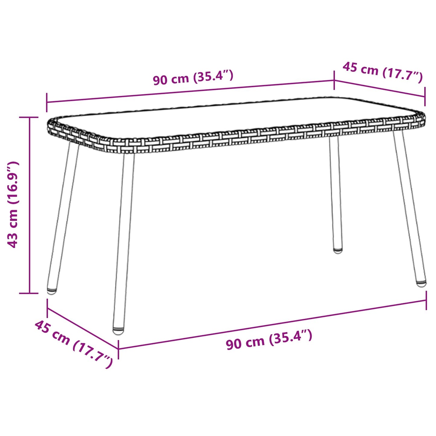 Salontafel Bruin en zwart 90 x 45 x 43 cm Poly Rattan en glas