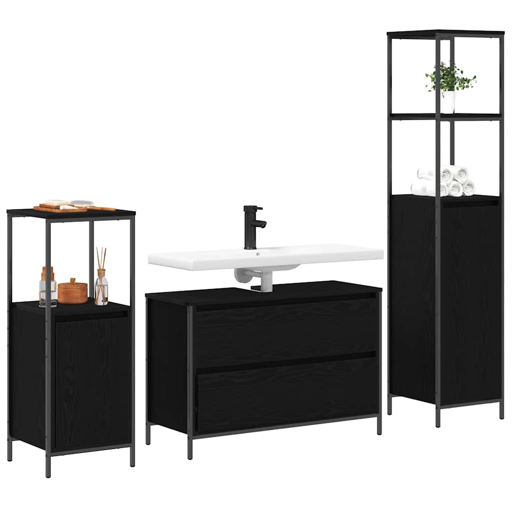 Badkamermeubelset met lade 3 pcs Zwart Eiken Bewerkt hout is nu te koop bij PeponiXL, paradijselijk wonen!