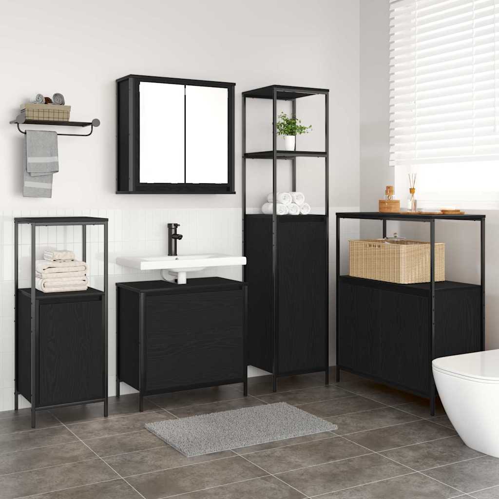 Badkamermeubelset met plank met opslag 5 pcs Zwart Bewerkt hout is nu te koop bij PeponiXL, paradijselijk wonen!