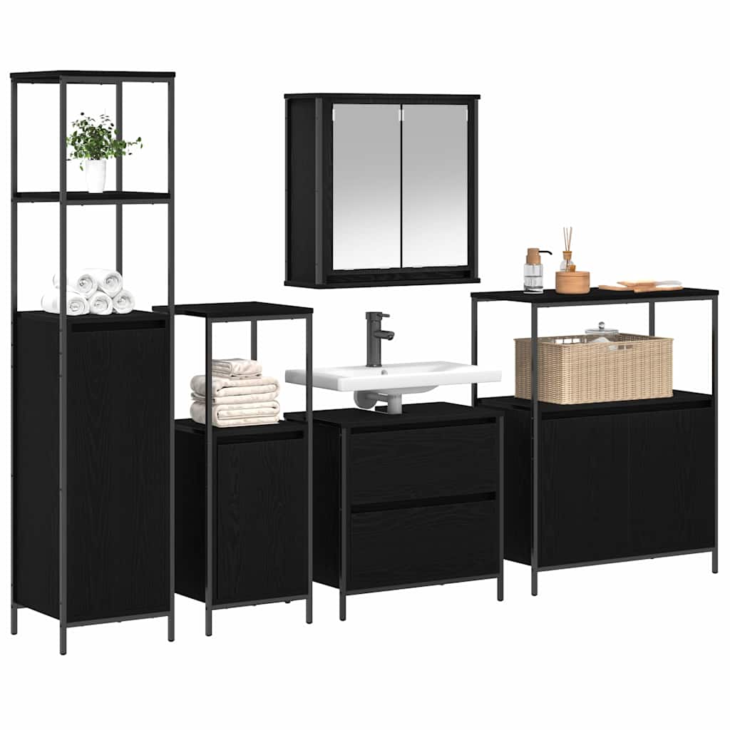 Badkamermeubelset met plank met opslag 5 pcs Zwart Bewerkt hout is nu te koop bij PeponiXL, paradijselijk wonen!