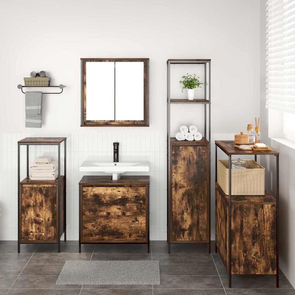 Badkamermeubelset met plank met opslag 5 pcs Bruin Bewerkt hout is nu te koop bij PeponiXL, paradijselijk wonen!