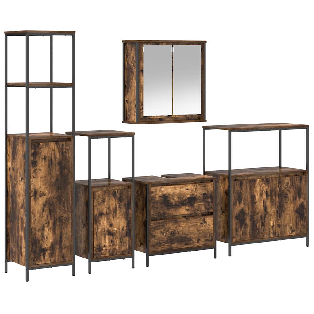 Badkamermeubelset met plank met opslag 5 pcs Bruin Bewerkt hout is nu te koop bij PeponiXL, paradijselijk wonen!