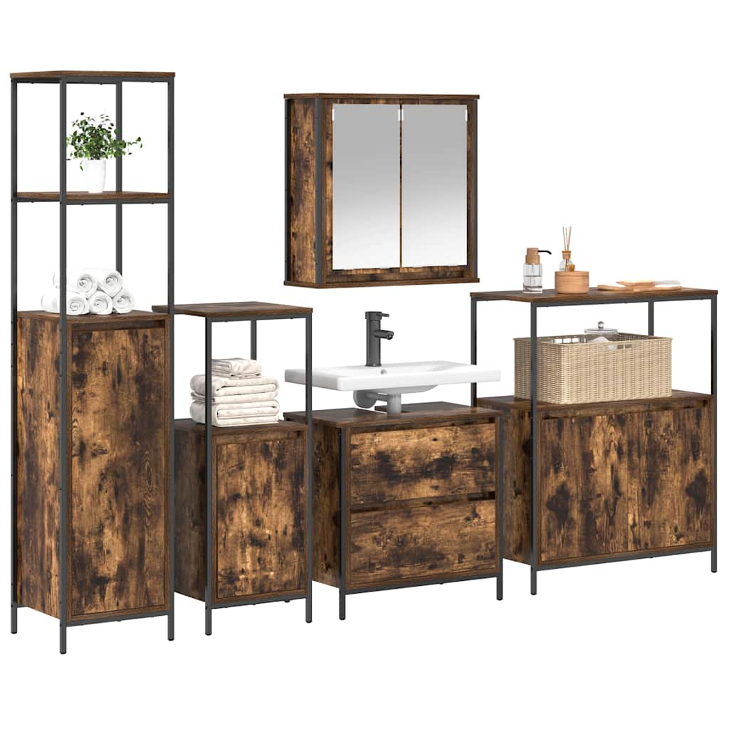 Badkamermeubelset met plank met opslag 5 pcs Bruin Bewerkt hout is nu te koop bij PeponiXL, paradijselijk wonen!