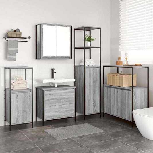 Badkamermeubelset met plank met opslag 5 pcs Grijs Bewerkt hout is nu te koop bij PeponiXL, paradijselijk wonen!