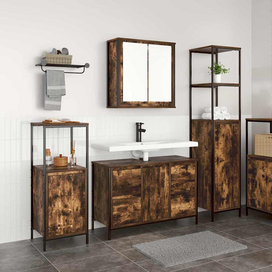 Badkamermeubelset 3 pcs Gerookt Eiken en Zwart Bewerkt hout is nu te koop bij PeponiXL, paradijselijk wonen!