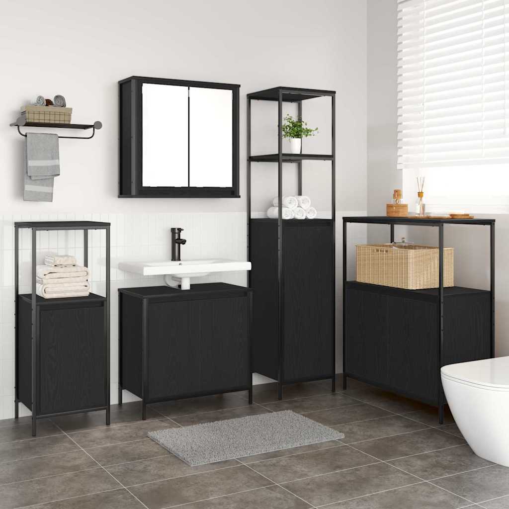 Badkamermeubelset met plank 5 pcs Zwart Eiken Bewerkt hout is nu te koop bij PeponiXL, paradijselijk wonen!