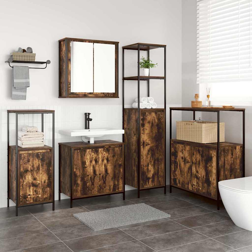 Badkamermeubelset 5 pcs Gerookt Eiken en Zwart Bewerkt hout is nu te koop bij PeponiXL, paradijselijk wonen!