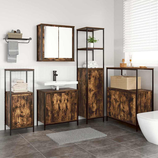Badkamermeubelset 5 pcs Gerookt Eiken en Zwart Bewerkt hout is nu te koop bij PeponiXL, paradijselijk wonen!
