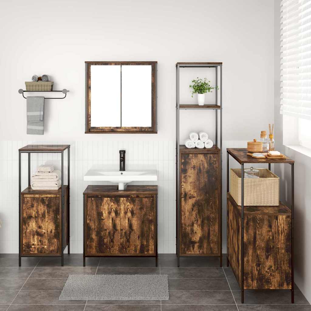 Badkamermeubelset 5 pcs Gerookt Eiken en Zwart Bewerkt hout is nu te koop bij PeponiXL, paradijselijk wonen!