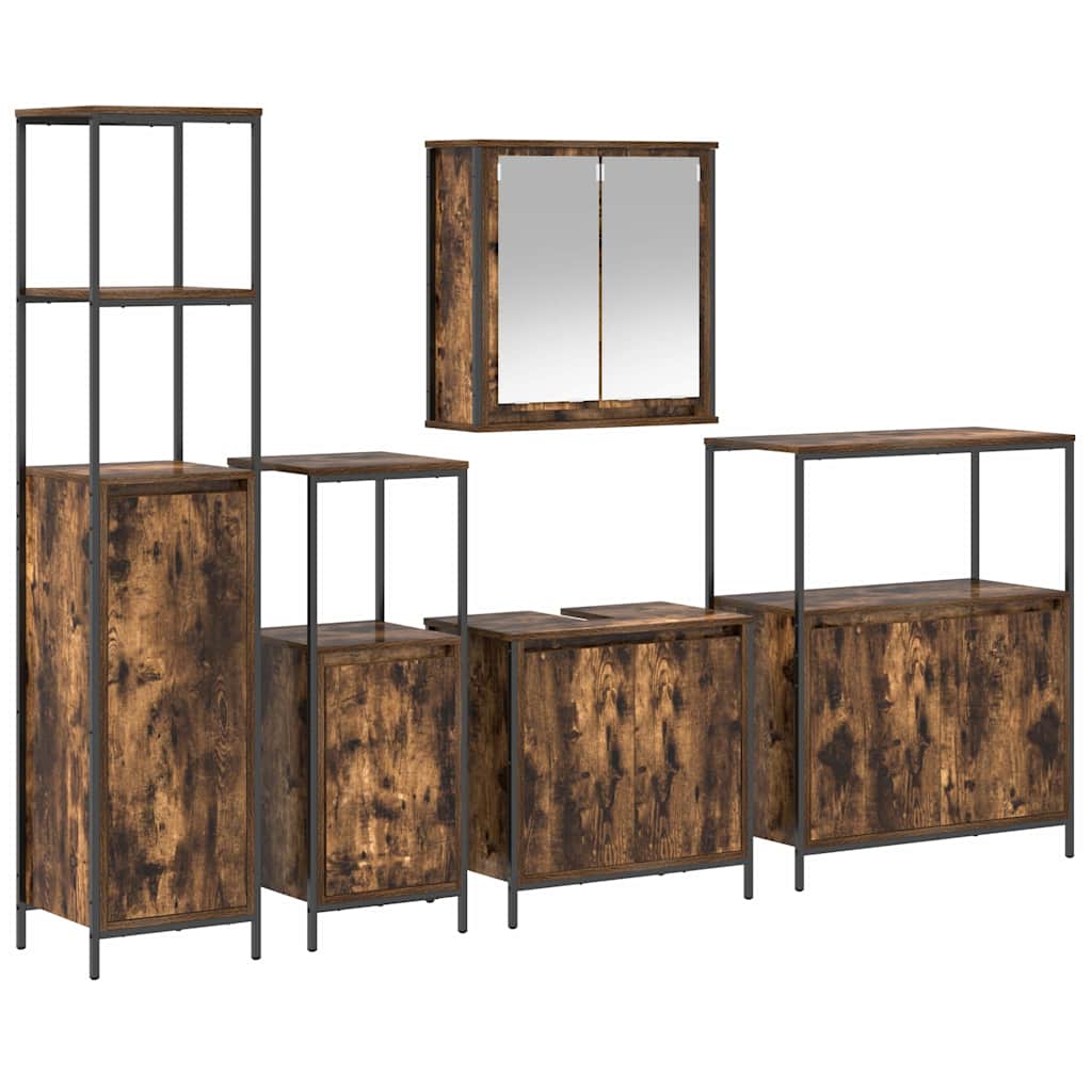 Badkamermeubelset 5 pcs Gerookt Eiken en Zwart Bewerkt hout is nu te koop bij PeponiXL, paradijselijk wonen!