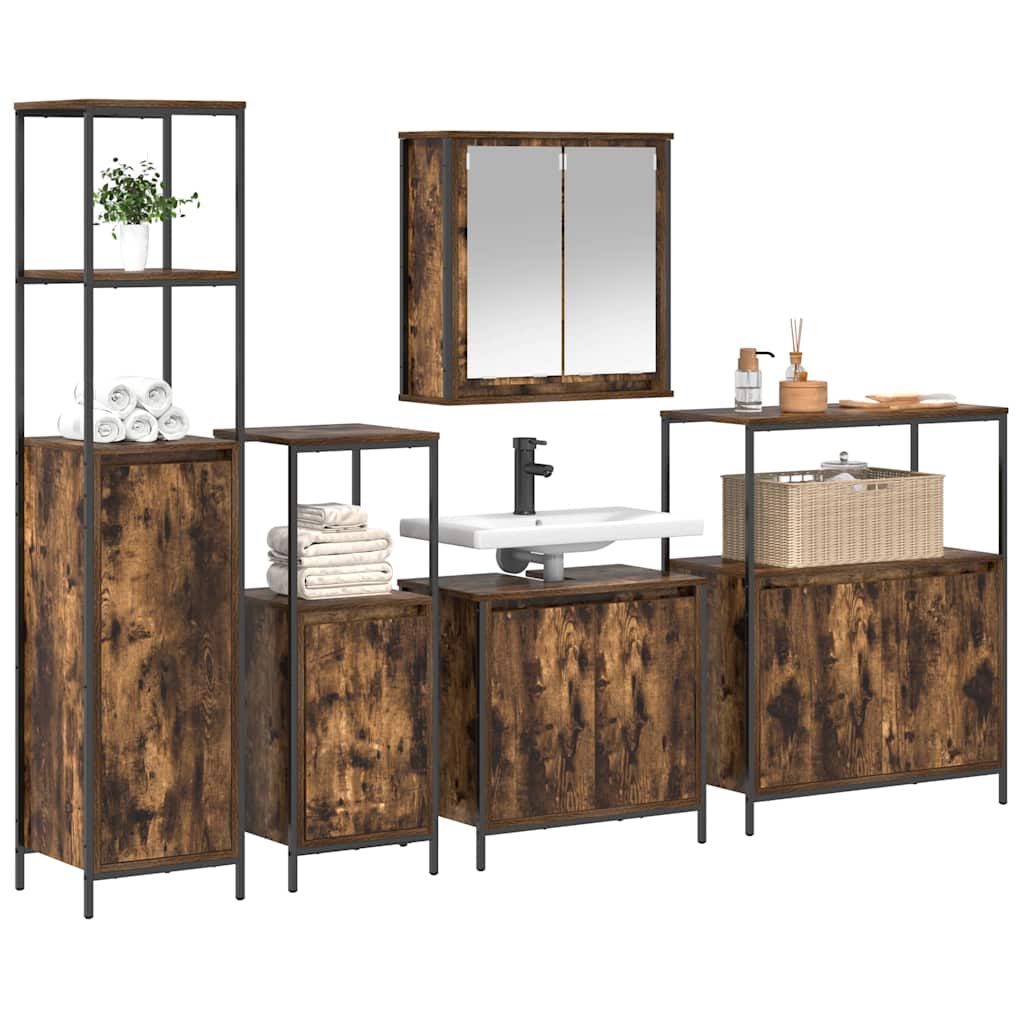 Badkamermeubelset 5 pcs Gerookt Eiken en Zwart Bewerkt hout is nu te koop bij PeponiXL, paradijselijk wonen!